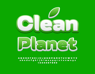 Vector eco template Clean Planet. Modern White and Green Font. Stylish Alphabet Letters and Numbers set.