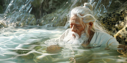 A Taoist sage, immersed in the flowing waters of a mountain stream