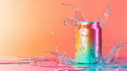 drink can with splash of liquid on pastel background,