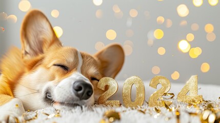 a adorable Pembroke Welsh Corgi sleeping with text 2024 with Golden Confetti on White Background: celebrating Joyful New Year Concept. Postcard with copy space for text. new year with pet.