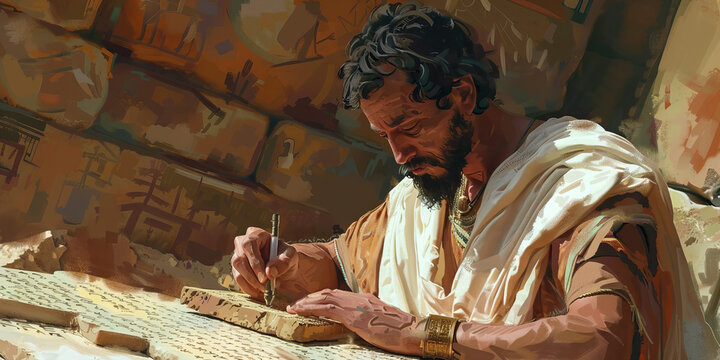 A Sumerian scribe, carefully translating ancient clay tablets in the temple of knowledge