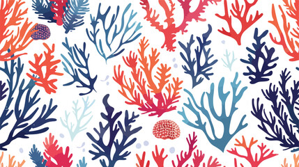 Seamless pattern with corals and seaweed or algae on