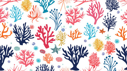 Seamless pattern with corals and seaweed or algae on