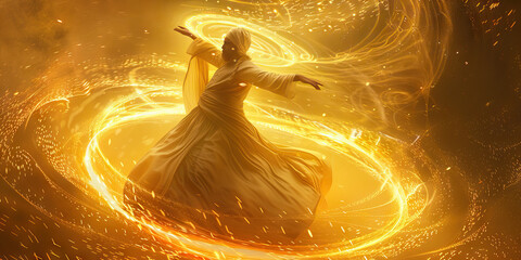 A Dervish, whirling in ecstasy, basking in an aura of ethereal radiance, his serene expression embodying the rapture of spiritual communion with the divine.