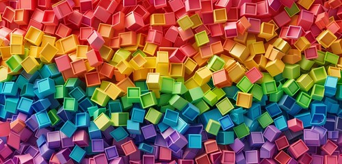 Abstract background, top view of wide pile various colorful rainbow colored stackable plastic toy bricks isolated on white 