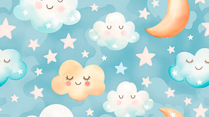 A cute pastel sky pattern with clouds stars and Moon in watercolor painting style. Pattern for children's room decoration.