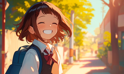 A smiling kawaii anime schoolgirl coming back from school in a serene street during a sunny day of summer.