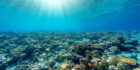 A vast ocean floor with a lot of coral and sea life