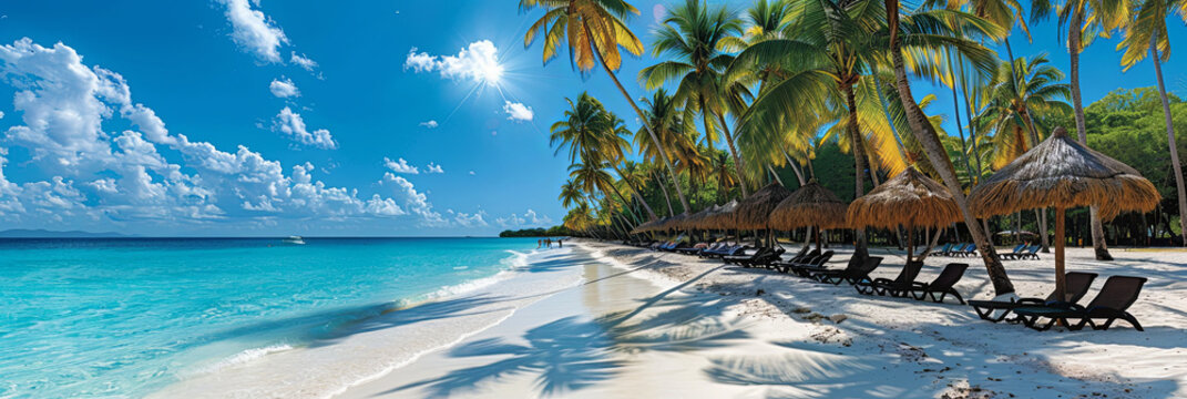 A beach with palm trees and umbrellas