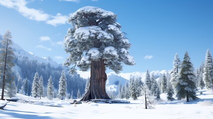 A grand sequoia tree rising majestically against a snowy white surface