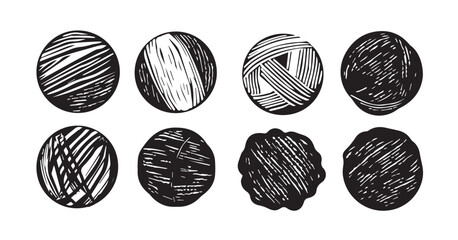 Vector ball of thread ball ball circle texture set hand drawing style in black color on white background for drawing, logo, emblem, label. Circle of handmade grunge stripes.