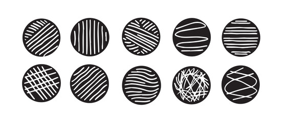 Vector ball of thread ball ball line circle texture set hand drawing style in black color on white background for drawing, logo, emblem, label. Circle of handmade grunge stripes