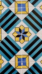 Vibrant old fashioned tiles with geometric ornament in Lisbon, Portugal. Vertical photo