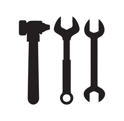 Vector tools icons for the site. Set of tools. Metal wrench and hammer, screwdriver isolated. Vector hardware store.