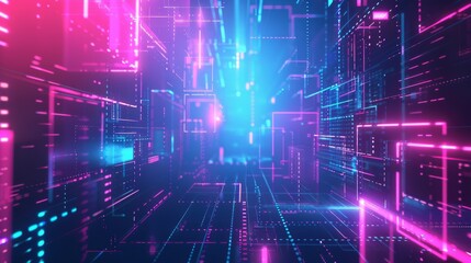 Fototapeta premium Abstract futuristic background with neon glowing blocks and lines in blue, pink, and purple colors. Digital technology concept. High quality photo