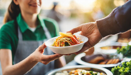 Volunteer hand extends food to homeless person, backlighting in warm tones, symbolizing charity and compassion