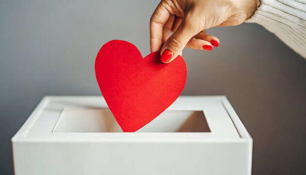 hand places a red paper heart into a white donation box, symbolizing charity, love, and generosity, reflecting the essence of giving and caring for others