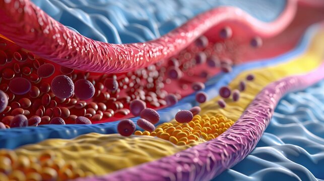 Educational illustration of lipoprotein particles in arterial wall, high detail, side perspective