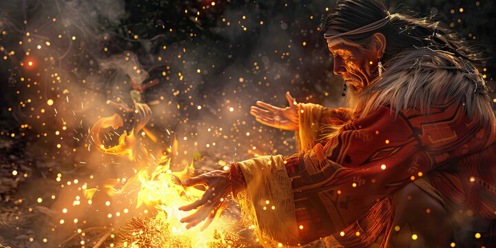 A shaman conducts a ritual amidst dancing flames, communing with spirits and nature