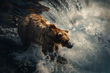 Majestic brown bear splashing in water. Wildlife in action captured in dynamic lighting. Nature scene brought to life. Artistic interpretation. Generative AI