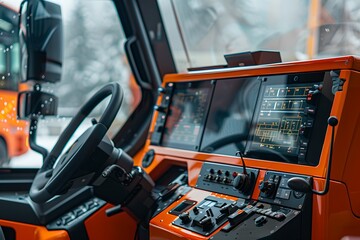 Close-up of modern heavy machinery cab, showcasing high-tech controls and equipment. Focus on industrial design. Interior shot. Generative AI