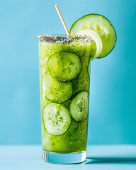 Refreshing cucumber smoothie in a tall glass, healthy drink concept. Bright blue background, vibrant colors. Perfect for summer. Generative AI