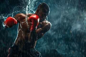 Intense boxer training under rain, showcasing strength and focus. Athletic, powerful pose in dynamic lighting. Perfect for fitness inspiration. Generative AI
