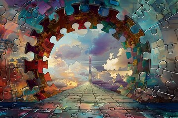 Surreal Puzzle Gateway Opening to a Vibrant Landscape. Artistic Concept. Ideal for Creative Projects. Evokes Imagination and Wonder. No Copyright. Generative AI