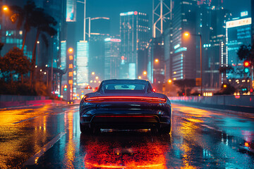 A fast black car speeds through city streets at night, blending luxury with modern technology.