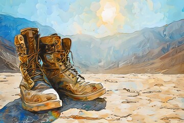 Rugged hiking boots on arid desert terrain. Adventure concept. Artistic representation of exploration. Outdoor hiking gear in natural setting. Painted style visual. Generative AI