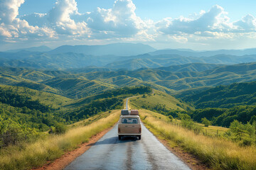 Traveling on a winding mountain road, a car speeds through nature, embracing the freedom of the journey.