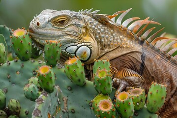 Close-up of an Iguana on a Cactus, Nature in Detail. Exotic Reptile in its Natural Habitat. Wildlife Photography with a Focus on Textures. Generative AI