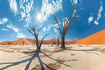 Surreal Desert Landscape with Vibrant Skies and Stark Trees. Digital Art for Backgrounds. Clean and Sharp. Expressive Scene Created by AI