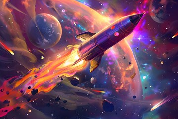 Vibrant Space Rocket Launching into a Colorful Cosmic Scene with Planets and Stars. Art Illustration for Sci-fi Fans. Space Exploration Concept. Generative AI