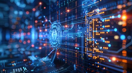 Digital currency exchange with holographic screens, modern, blue and white, vector art, sleek