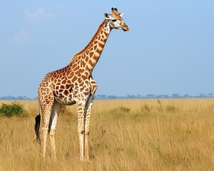 Fototapeta premium Majestic Adult Giraffe Roaming in Golden Grasslands of African Savannah
