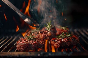 Close-up of succulent grilled steaks on a flaming barbecue with rosemary sprigs. This food photography captures the essence of a barbecue. Ideal for culinary, food blogs, or menus. Generative AI