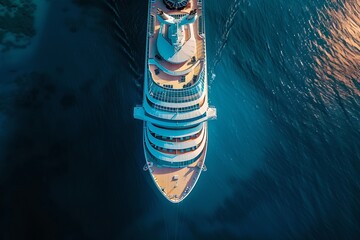 Aerial view of luxury cruise ship on the ocean at sunset. Aesthetic and elegant. Stunning shot to capture travel and adventure essence. Ideal for travel-themed projects. Generative AI