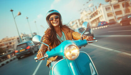 Young Indian woman of ethnic heritage riding a blue motor scooter through bustling city streets. Capturing the joy of travel amidst the chaos of urban traffic, this image epitomizes city life.