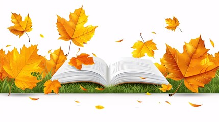 An open book rests on the ground, encircled by vibrant autumn leaves in various shades of red, orange, and yellow
