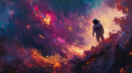 An artwork of an astronaut gazing at a distant nebula, blending with modernist expressionism art style, with expressive brushstrokes and vibrant colors.