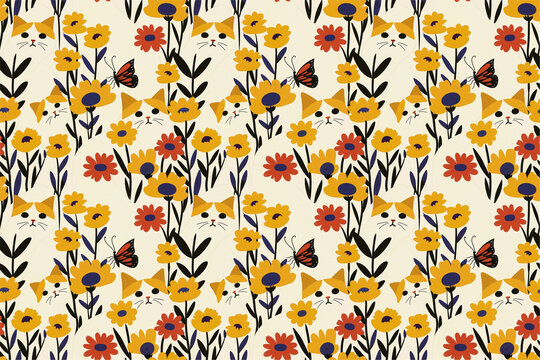 A seamless pattern featuring playful cats in various poses