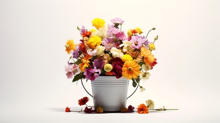 A metal bucket filled with colorful flowers, its shadow casting a subtle contrast on the solid white backdrop
