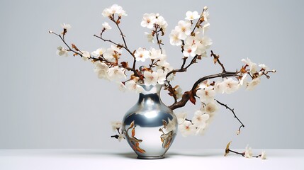 A metal vase filled with bright blossoms, its shadow casting a gentle contrast on the solid white backdrop
