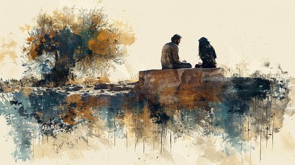  A minimalist illustration of Jesus with the Samaritan woman at the well of Jacob, showcasing simple and clean lines to create a serene atmosphere, with a focus on the interaction 