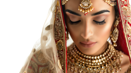 Beautiful indian punjabi bride close-up, makeup, jewellery on Transparent background