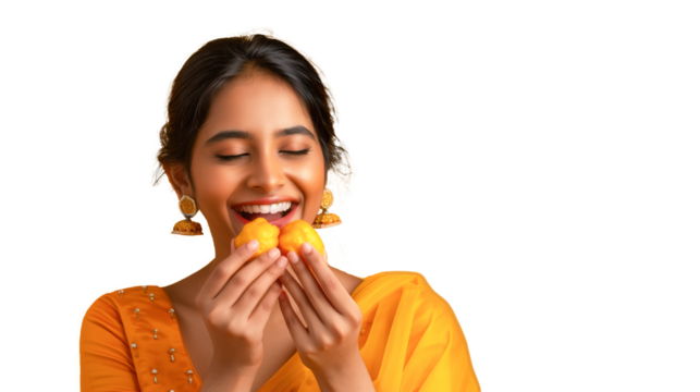 Modern Indian lady relishing the taste of Modak, minimalistic on Transparent background