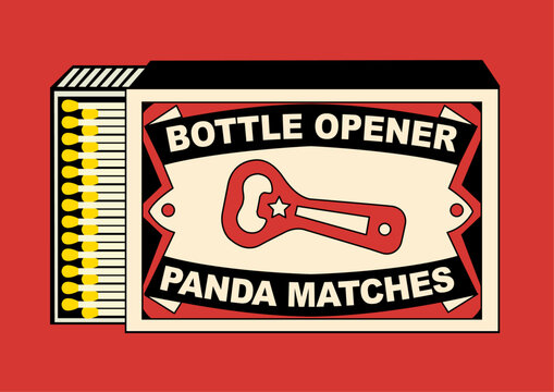 Bottle Opener (chabi, key) illustration in Matchbox and matches vector. Vintage and antique matchbox packaging design illustration. retro style packaging. old style design. open box and template