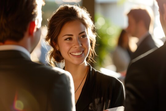 Elegant Young Woman Smiling While Networking at Sunset Event. A group of business professionals engaged in conversation. Corporate event venue, modern and upscale