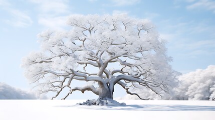 A picturesque sycamore tree against a snowy white surface